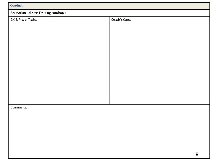 Conduct Animation – Game Training continued GK & Player Tasks: Coach’s Cues: Comments: 8