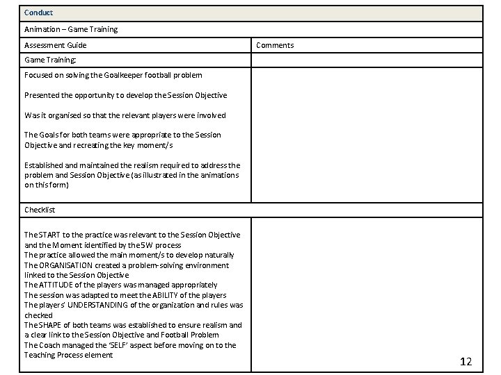 Conduct Animation – Game Training Assessment Guide Comments Game Training: Focused on solving the