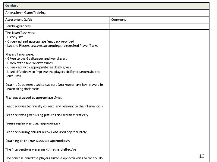 Conduct Animation – Game Training Assessment Guide Comment Teaching Process The Team Task was: