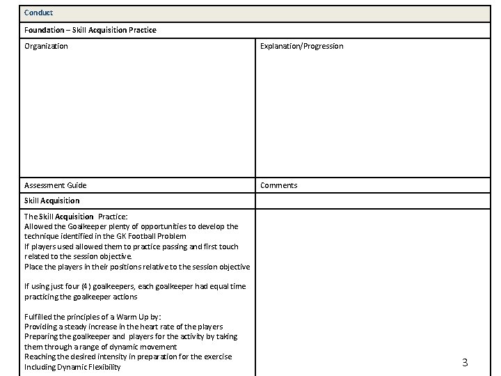 Conduct Foundation – Skill Acquisition Practice Organization Explanation/Progression Assessment Guide Comments Skill Acquisition The