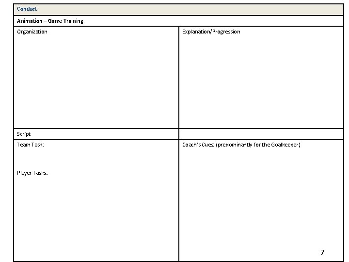 Conduct Animation – Game Training Organization Explanation/Progression Script Team Task: Coach’s Cues: (predominantly for