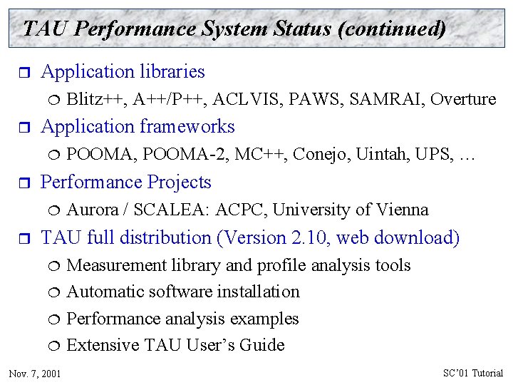 TAU Performance System Status (continued) r Application libraries ¦ r Application frameworks ¦ r