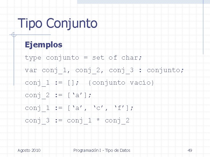 Tipo Conjunto Ejemplos type conjunto = set of char; var conj_1, conj_2, conj_3 :