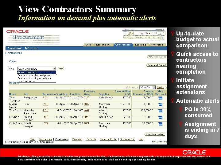 View Contractors Summary Information on demand plus automatic alerts Ÿ Up-to-date budget to actual