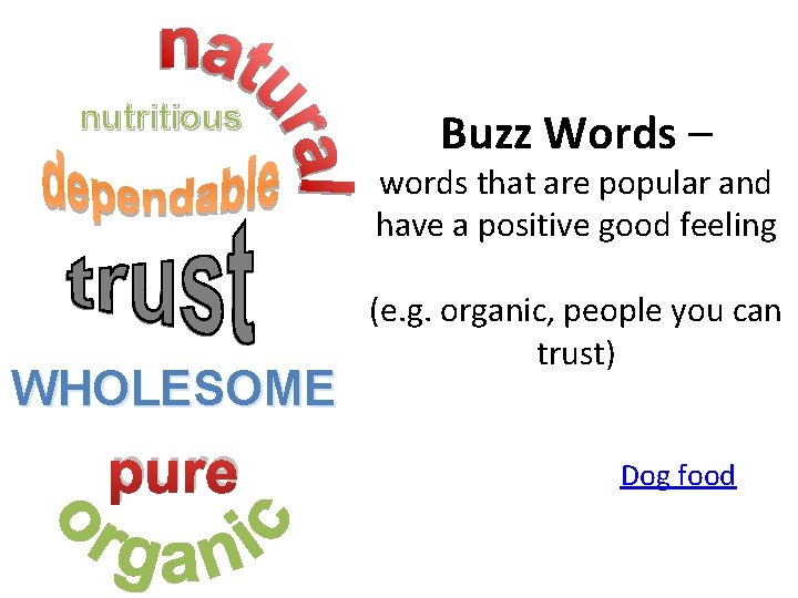 nutritious Buzz Words – words that are popular and have a positive good feeling
