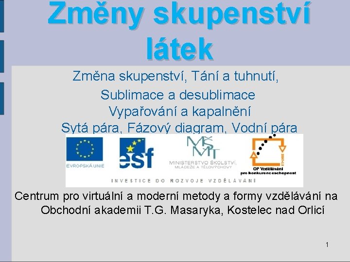 Změny skupenství látek Změna skupenství, Tání a tuhnutí, Sublimace a desublimace Vypařování a kapalnění