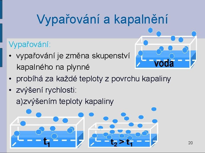 Vypařování a kapalnění Vypařování: • vypařování je změna skupenství kapalného na plynné • probíhá