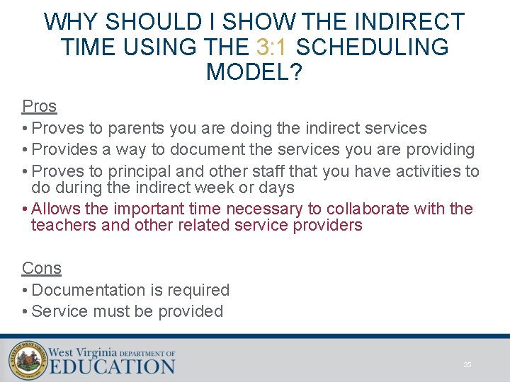 WHY SHOULD I SHOW THE INDIRECT TIME USING THE 3: 1 SCHEDULING MODEL? Pros WHY SHOULD I SHOW THE INDIRECT TIME USING THE 3: 1 SCHEDULING MODEL? Pros