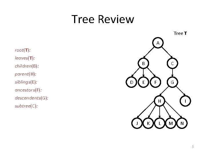Tree Review Tree T A root(T): leaves(T): B children(B): C parent(H): siblings(E): D E
