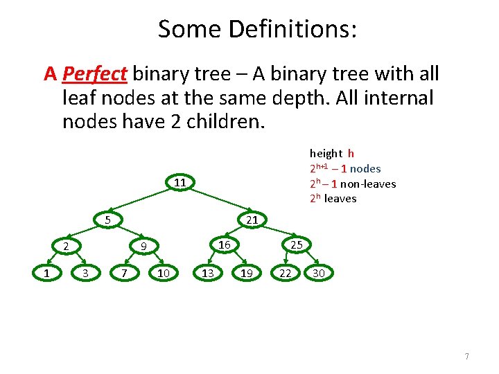 Some Definitions: A Perfect binary tree – A binary tree with all leaf nodes