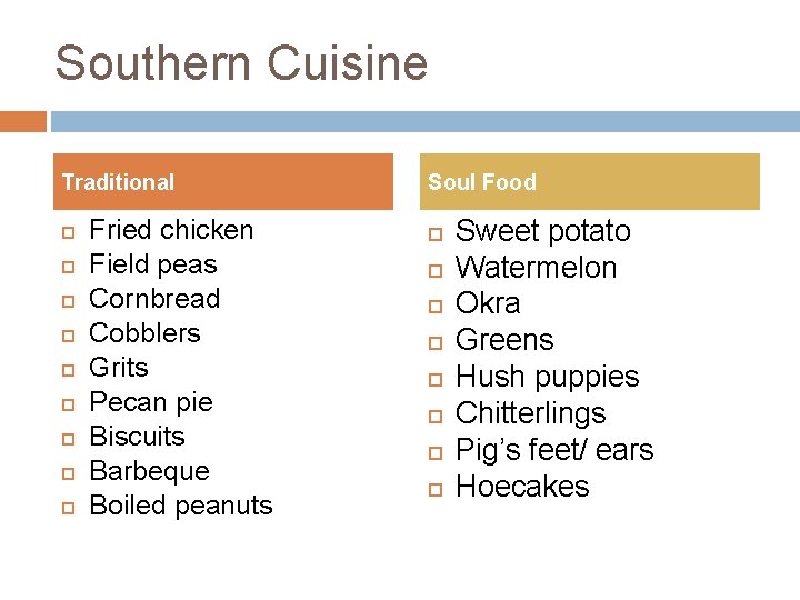 Southern Cuisine Traditional Fried chicken Field peas Cornbread Cobblers Grits Pecan pie Biscuits Barbeque