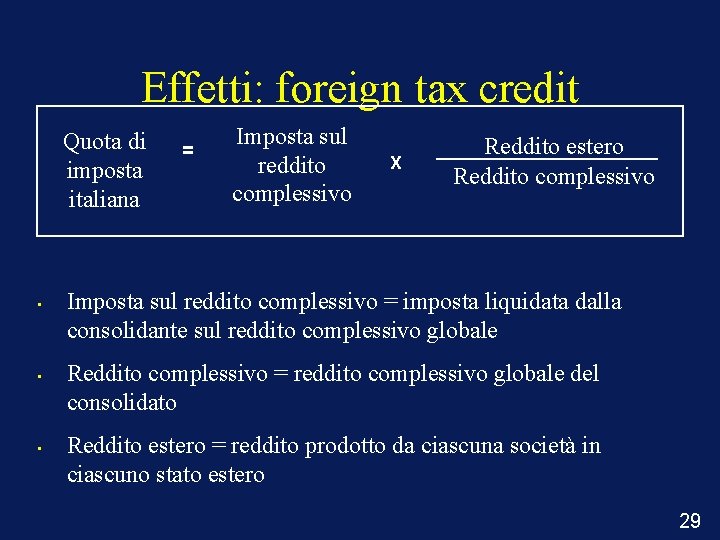Effetti: foreign tax credit Quota di imposta italiana • • • = Imposta sul