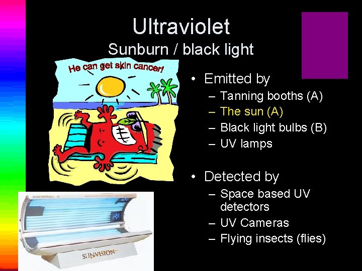 Ultraviolet Sunburn / black light • Emitted by – – Tanning booths (A) The