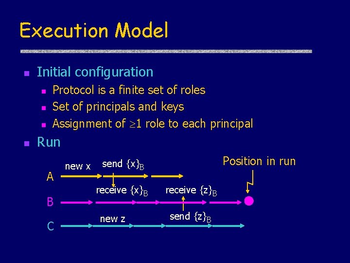 Execution Model n Initial configuration n n Protocol is a finite set of roles