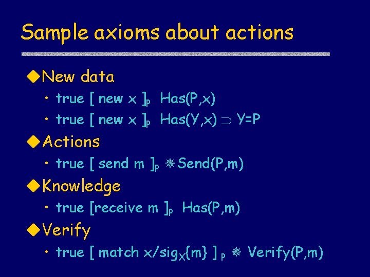 Sample axioms about actions New data • true [ new x ]P Has(P, x)