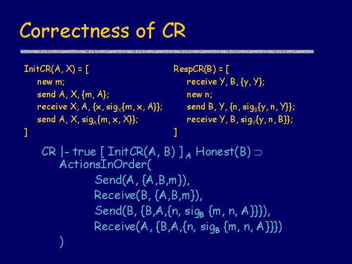 Correctness of CR Init. CR(A, X) = [ new m; send A, X, {m,