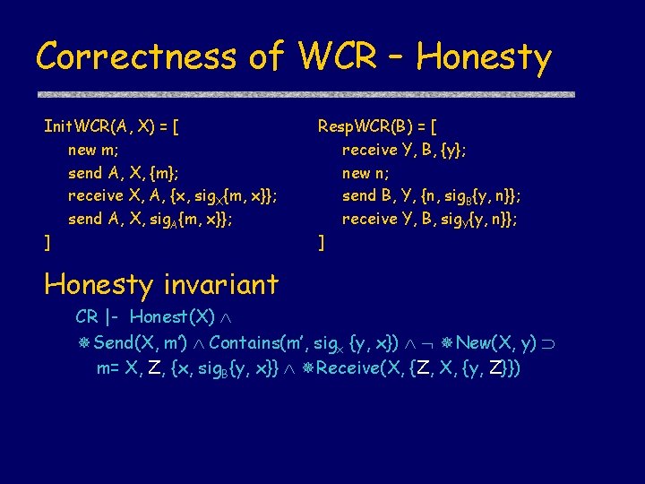 Correctness of WCR – Honesty Init. WCR(A, X) = [ new m; send A,