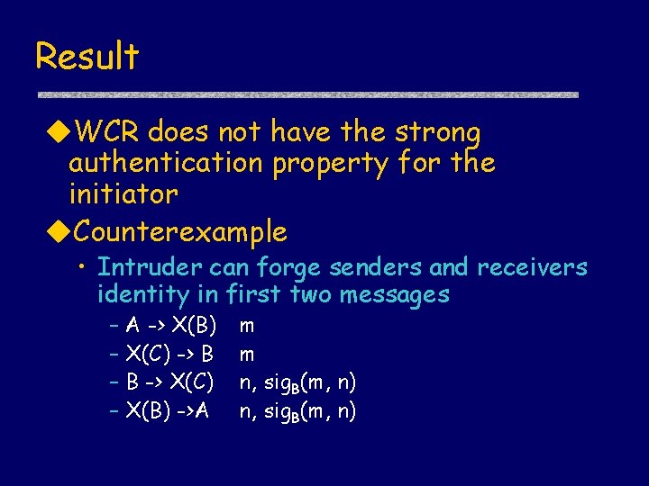 Result WCR does not have the strong authentication property for the initiator Counterexample •