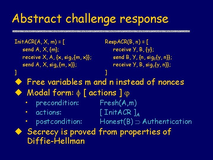 Abstract challenge response Init. ACR(A, X, m) = [ send A, X, {m}; receive