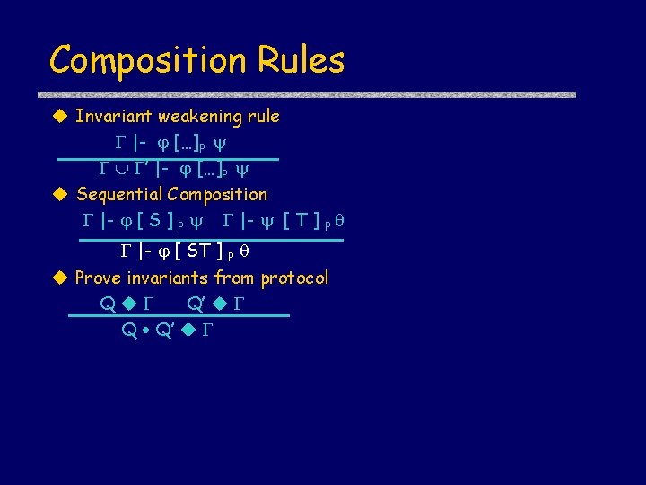 Composition Rules Invariant weakening rule |- […]P ’ |- […]P Sequential Composition |- [