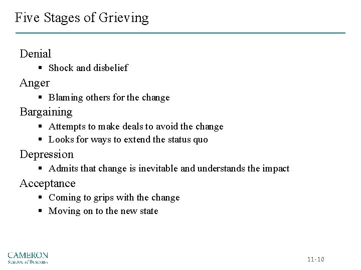 Five Stages of Grieving Denial § Shock and disbelief Anger § Blaming others for