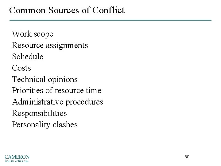 Common Sources of Conflict Work scope Resource assignments Schedule Costs Technical opinions Priorities of