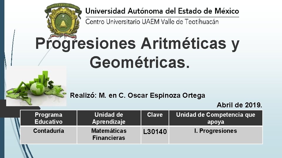 Progresiones Aritméticas y Geométricas. Realizó: M. en C. Oscar Espinoza Ortega Abril de 2019.