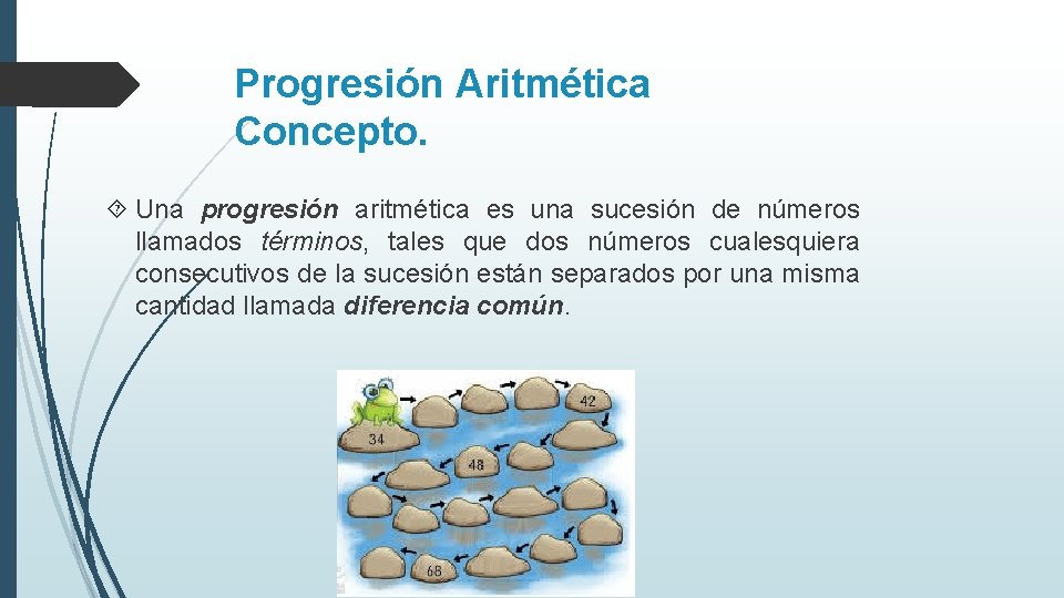 Progresión Aritmética Concepto. Una progresión aritmética es una sucesión de números llamados términos, tales