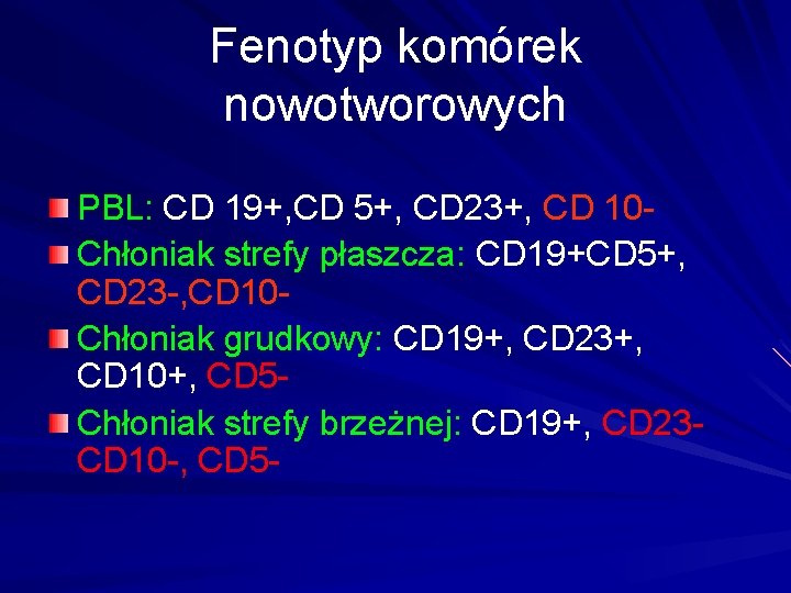 Fenotyp komórek nowotworowych PBL: CD 19+, CD 5+, CD 23+, CD 10 Chłoniak strefy