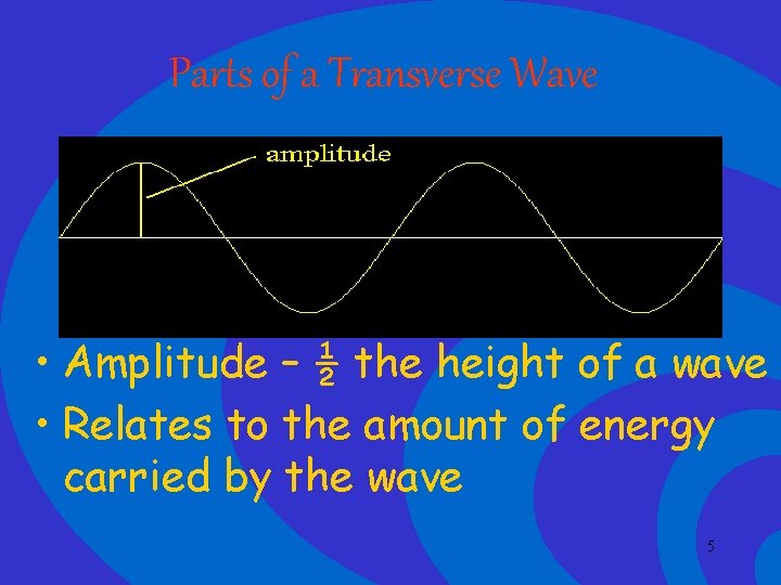 Parts of a Transverse Wave • Amplitude – ½ the height of a wave