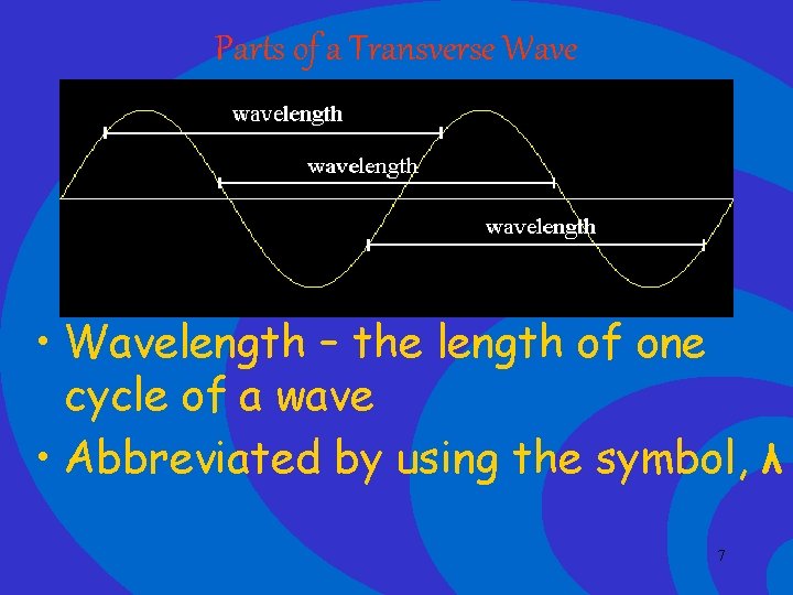 Parts of a Transverse Wave • Wavelength – the length of one cycle of