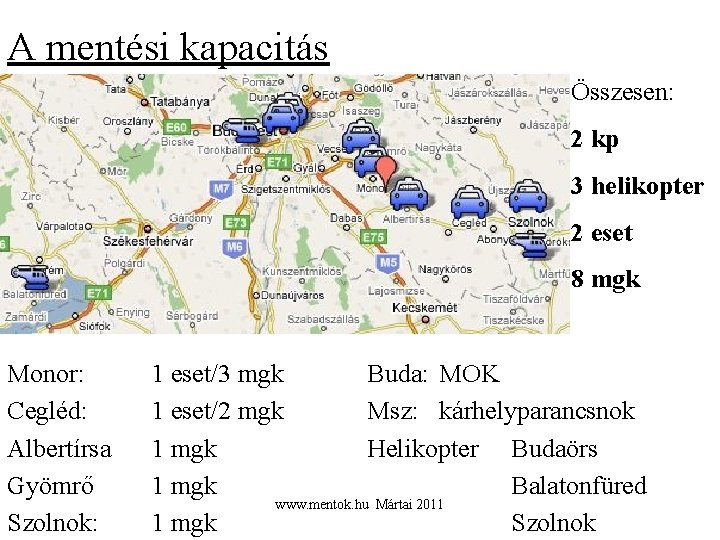 A mentési kapacitás Összesen: 2 kp 3 helikopter 2 eset 8 mgk Monor: Cegléd: