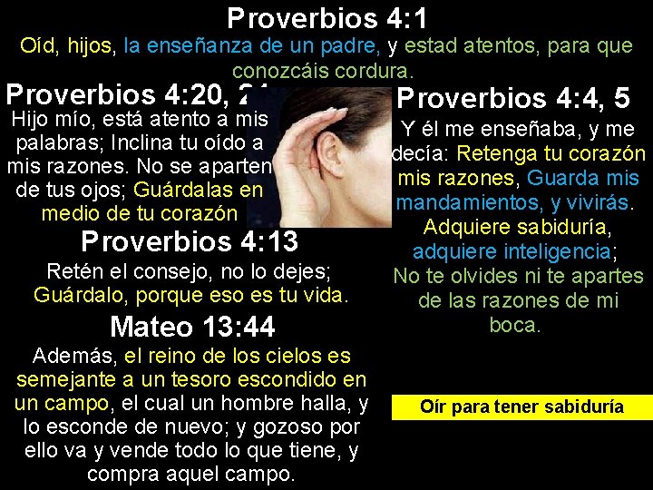 Proverbios 4: 1 Oíd, hijos, la enseñanza de un padre, y estad atentos, para