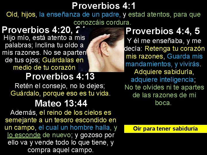 Proverbios 4: 1 Oíd, hijos, la enseñanza de un padre, y estad atentos, para