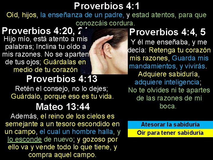 Proverbios 4: 1 Oíd, hijos, la enseñanza de un padre, y estad atentos, para