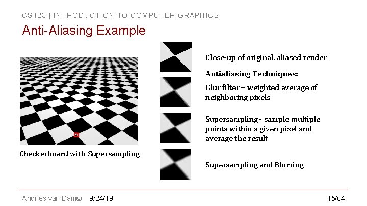 CS 123 | INTRODUCTION TO COMPUTER GRAPHICS Anti-Aliasing Example Close-up of original, aliased render