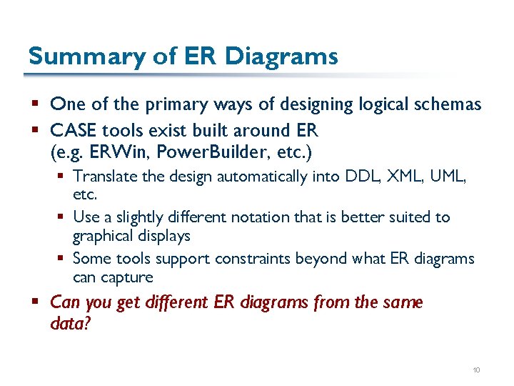 Summary of ER Diagrams § One of the primary ways of designing logical schemas