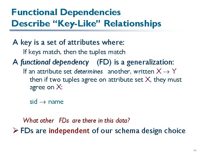 Functional Dependencies Describe “Key-Like” Relationships A key is a set of attributes where: If