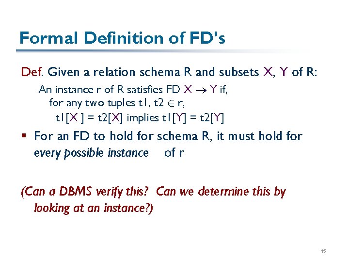 Formal Definition of FD’s Def. Given a relation schema R and subsets X, Y