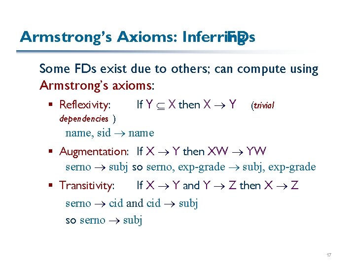Armstrong’s Axioms: Inferring FDs Some FDs exist due to others; can compute using Armstrong’s