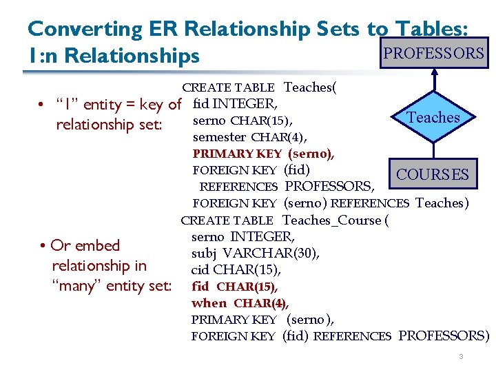Converting ER Relationship Sets to Tables: PROFESSORS 1: n Relationships CREATE TABLE Teaches( •