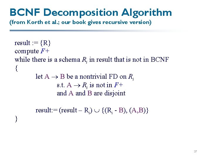 BCNF Decomposition Algorithm (from Korth et al. ; our book gives recursive version) result