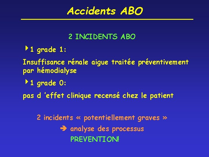 Accidents ABO 2 INCIDENTS ABO 1 grade 1: Insuffisance rénale aigue traitée préventivement par