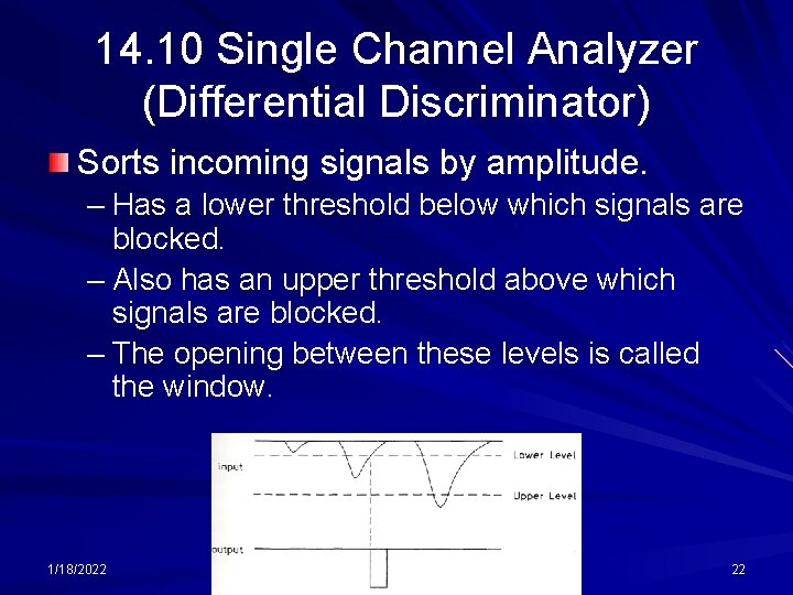 14. 10 Single Channel Analyzer (Differential Discriminator) Sorts incoming signals by amplitude. – Has