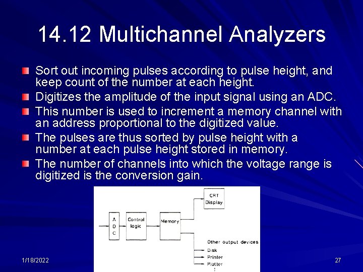 14. 12 Multichannel Analyzers Sort out incoming pulses according to pulse height, and keep