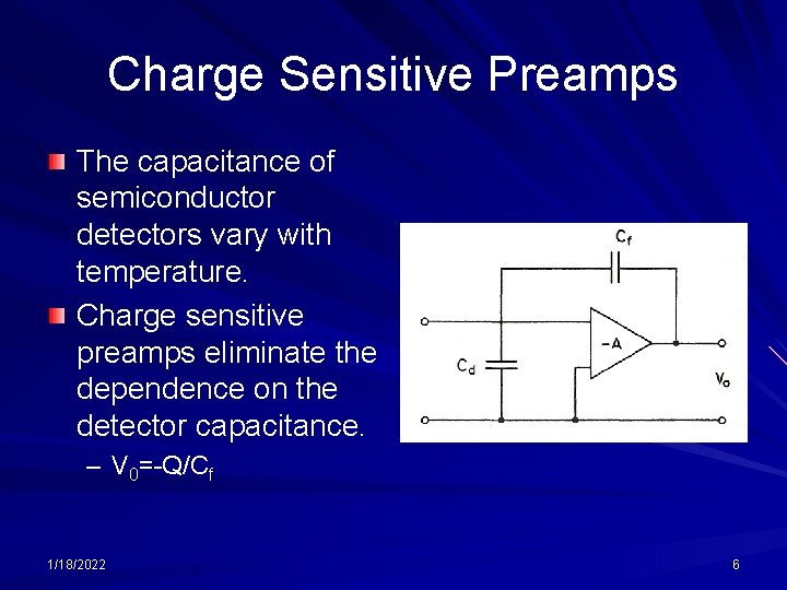 Charge Sensitive Preamps The capacitance of semiconductor detectors vary with temperature. Charge sensitive preamps