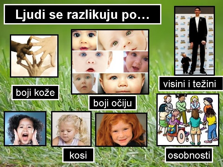 Ljudi se razlikuju po… visini i težini, boji kože boji očiju kosi osobnosti 