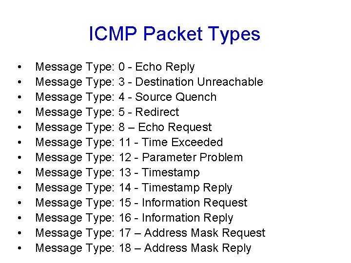 ICMP Packet Types • • • • Message Type: 0 - Echo Reply Message ICMP Packet Types • • • • Message Type: 0 - Echo Reply Message