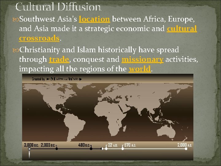 Cultural Diffusion Southwest Asia’s location between Africa, Europe, and Asia made it a strategic