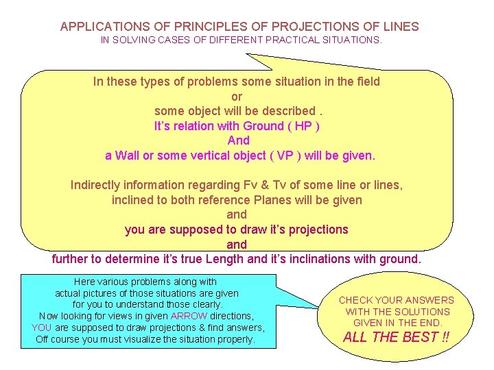 APPLICATIONS OF PRINCIPLES OF PROJECTIONS OF LINES IN SOLVING CASES OF DIFFERENT PRACTICAL SITUATIONS.